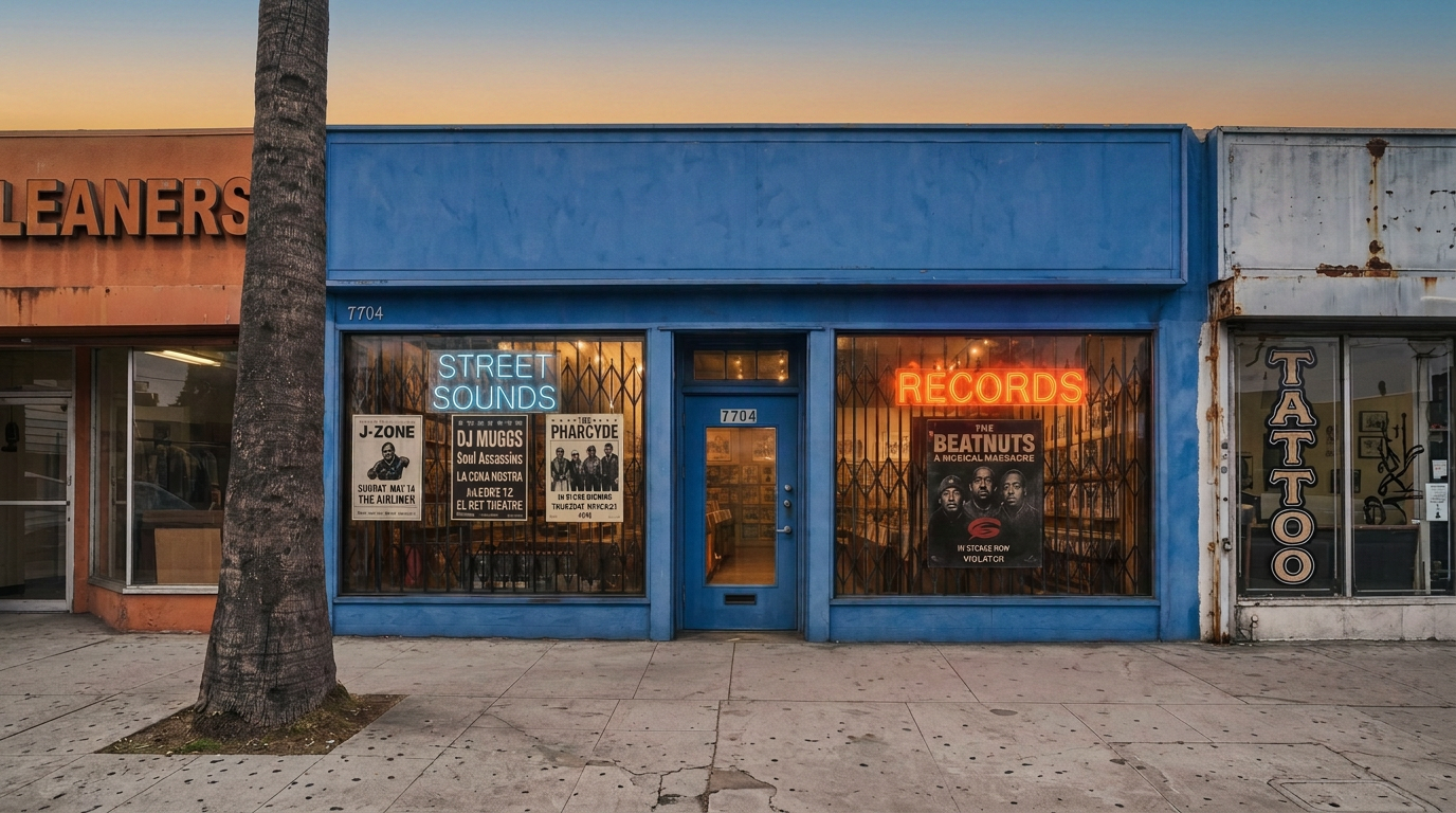 The Street Sounds storefront on Melrose Avenue at dusk: a weathered cobalt blue shop front with security gates, layered concert flyers, a blue STREET SOUNDS neon in the left window, an orange RECORDS neon in the right, and a warm-to-cool dusk sky gradient above