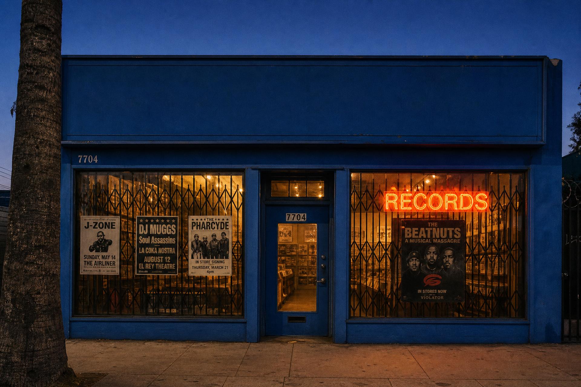 The Street Sounds storefront at dusk in Los Angeles: a cobalt blue shop front with flyer-covered windows full of records